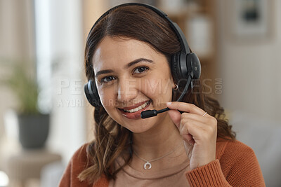 Buy stock photo Portrait, smile and remote call center with a woman in a home for customer service consulting. Face, communication and headset with a happy young entrepreneur working on a living room for support