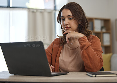 Buy stock photo Woman, laptop and reading with remote work from home, idea or thinking for web design job at desk. Freelance entrepreneur, computer and planning for brainstorming, problem solving or typing in house