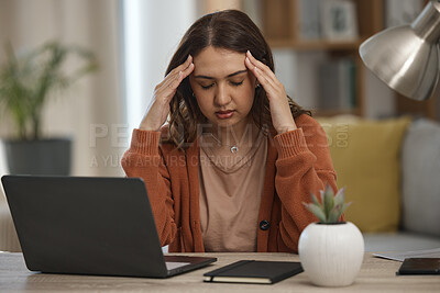 Buy stock photo Woman, headache and student with laptop, pain or burnout with tech glitch, fatigue and anxiety about exam. Migraine, health fail and mistake, university website error or 404 with stress while at home