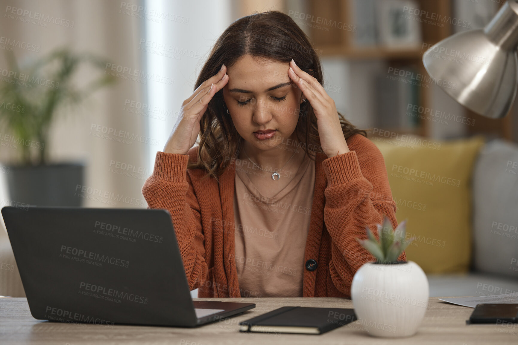 Buy stock photo Woman, headache and student with laptop, pain or burnout with tech glitch, fatigue and anxiety about exam. Migraine, health fail and mistake, university website error or 404 with stress while at home