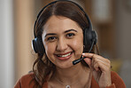 Portrait, smile and home call center with a woman at work for customer service or consulting. Smile, communication and headset with a happy young freelance employee closeup for remote work or support