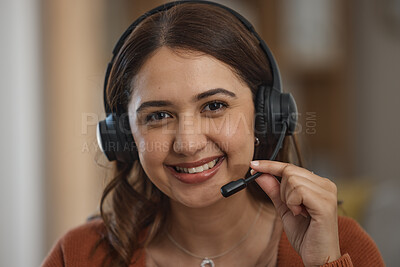 Buy stock photo Portrait, smile and home call center with a woman at work for customer service or consulting. Smile, communication and headset with a happy young freelance employee closeup for remote work or support