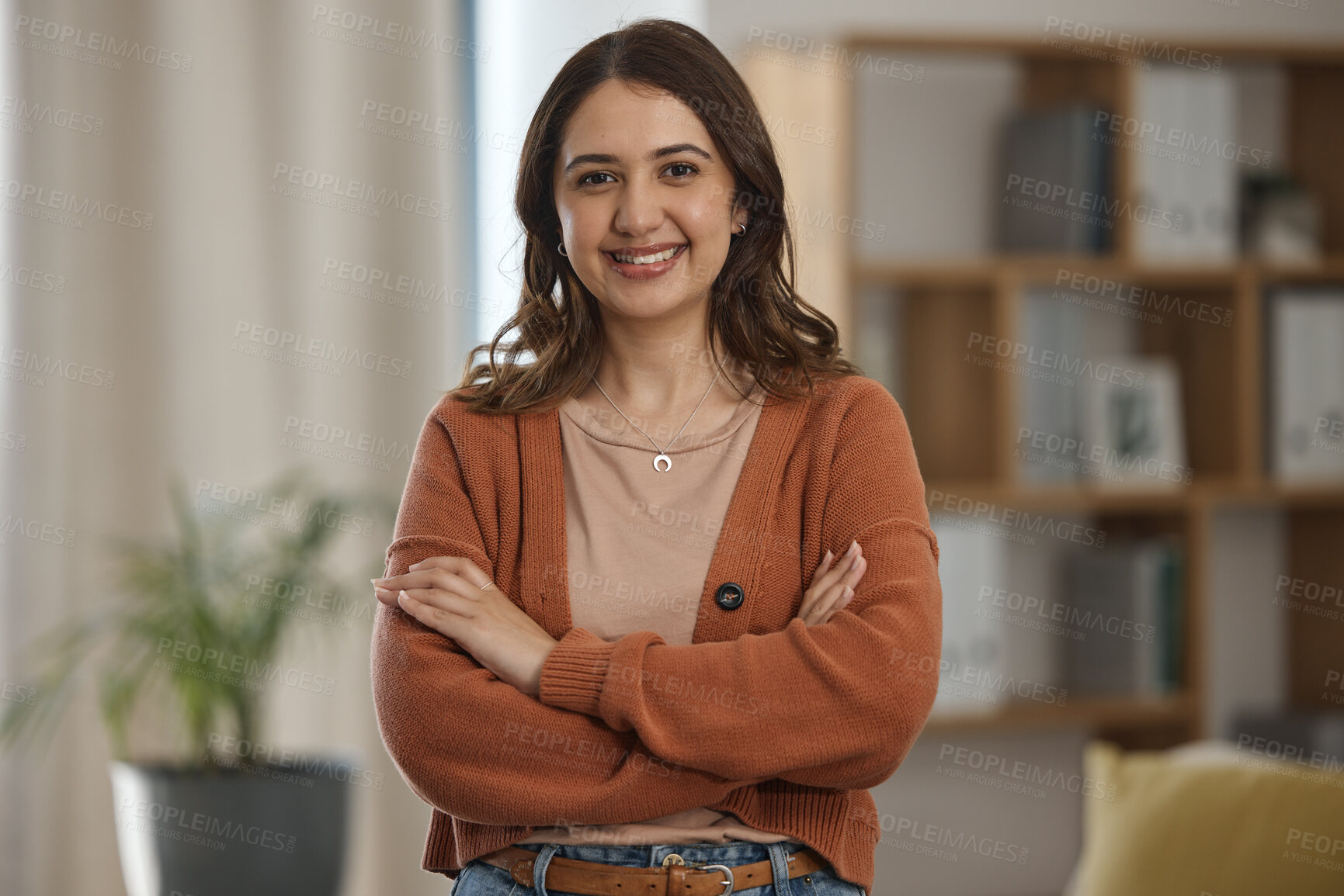 Buy stock photo Happy woman, portrait and arms crossed of creative professional, freelancer or ambition at home. Female person smile in confidence, pride or proud for remote work or startup in living room at house