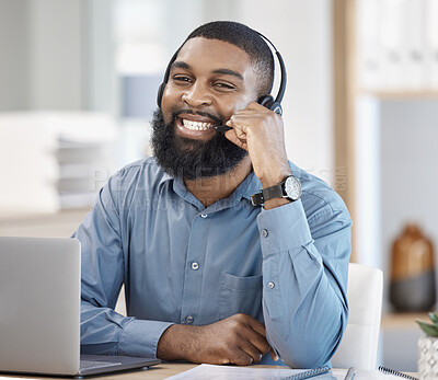 Buy stock photo Call center, laptop and man, consultant or business agent for information technology, software support or helping. Communication, IT worker or african person in portrait for virtual online consulting