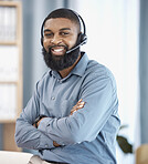 Man, call center and arms crossed in office, portrait or confident, pride or telemarketing job with smile. African CRM, consultant or customer support agent with microphone, headphones or networking