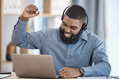 Buy stock photo Man, laptop success and call center celebration, winning and goals achievement, target or business sales. Yes, fist and happy african consultant, winner or agent for telemarketing or online profit