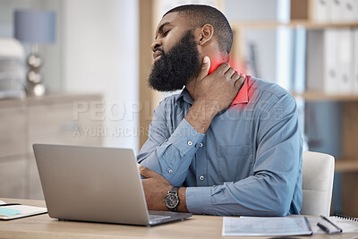 Buy stock photo Black man, laptop and neck pain from injury, accident or overworked with ache or inflammation at office. African businessman in muscle tension, pressure or stress in burnout, mistake or mental health