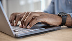 Office, hands typing on laptop and man at desk at law firm writing email or message on legal advice. Tech, communication and networking, lawyer at computer keyboard for research on government website