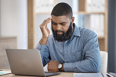 Buy stock photo Business man, headache and tired on laptop of stock market risk, financial mistake or thinking of bad investment. African trader with depression, stress or confused for trading decision in his office