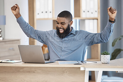 Buy stock photo Business man, winner and laptop in success, celebration and stock market goals, sales or financial profit. Professional african trader with fist, wow and yes for email news or trading on his computer