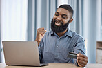 Man, winner and credit card on laptop for stock market winning, e commerce payment or loan success. African trader on computer and yes for business banking, finance goals or profit, sales and trading