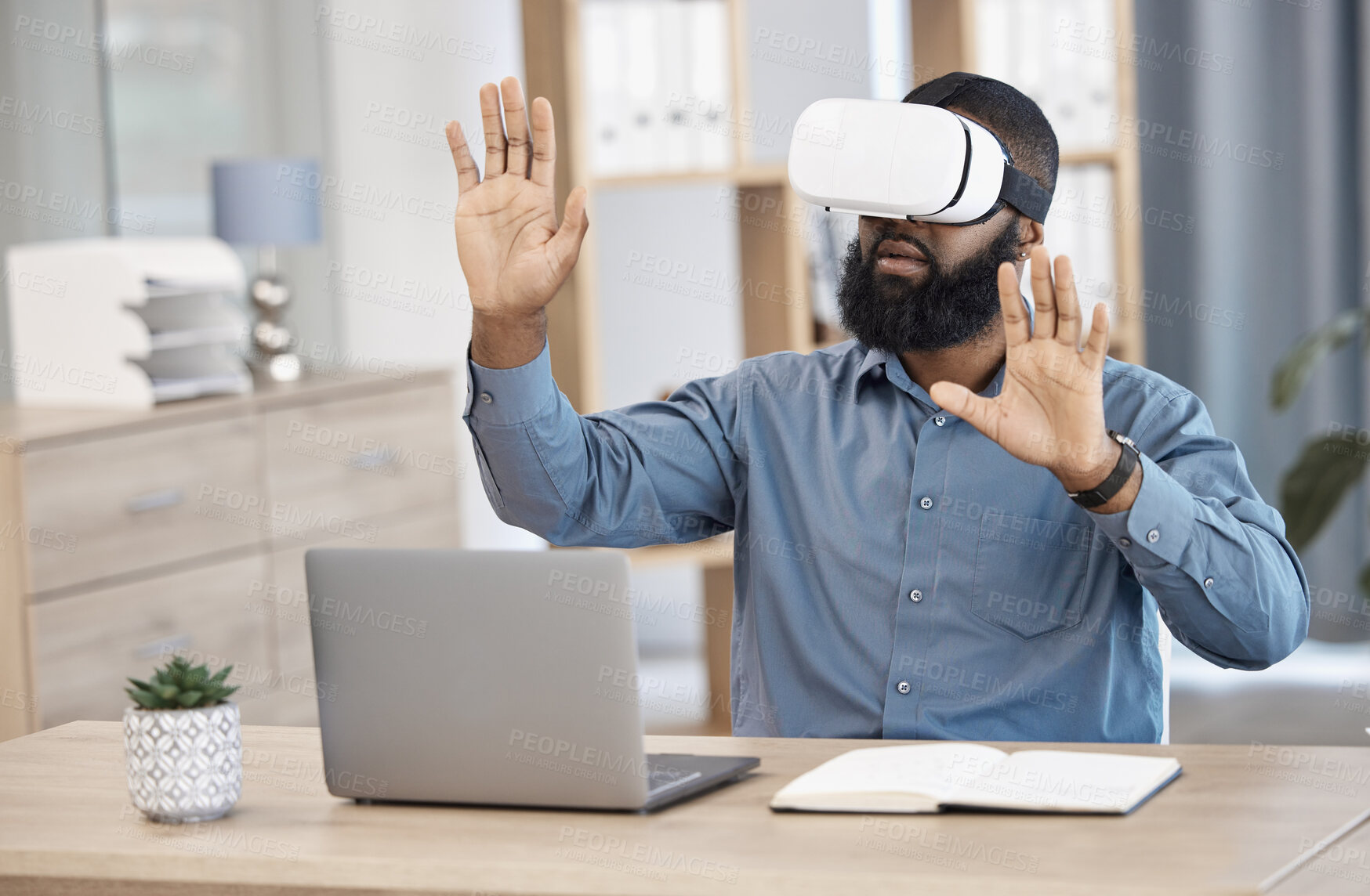 Buy stock photo Business man, VR and futuristic glasses for office 3d software, digital world and information technology design. Professional IT worker in virtual reality, vision and hands for metaverse experience