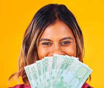 Buy stock photo Woman, eyes and cash fan by face, financial freedom and wealth with winning bonus on yellow background. Money, finance with reward or prize from giveaway in studio, winner in portrait with cashback