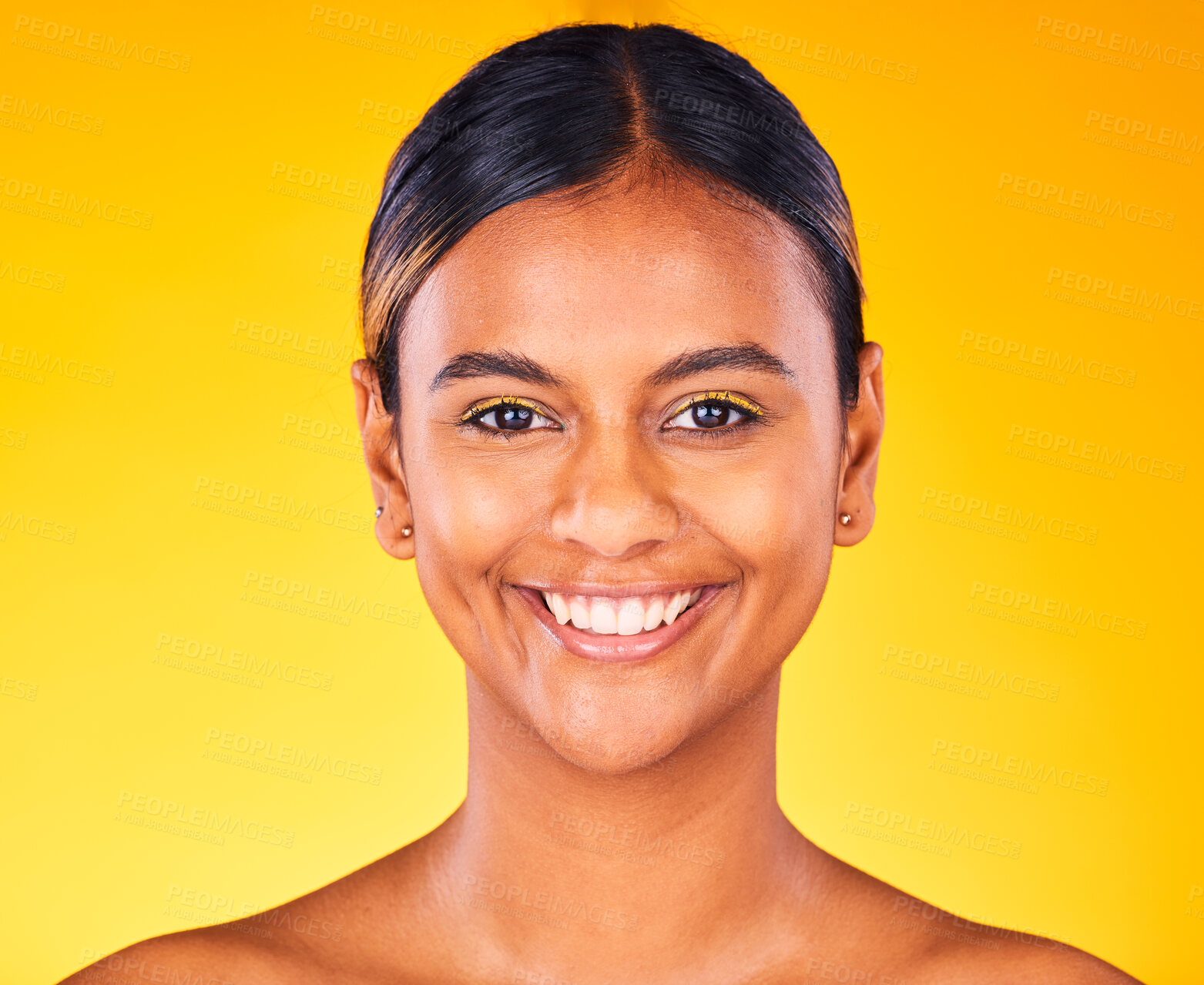 Buy stock photo Woman, face and beauty with skincare, dermatology and natural cosmetics on yellow background. Portrait, smile and self care treatment with facial for antiaging, skin glow and wellness in studio