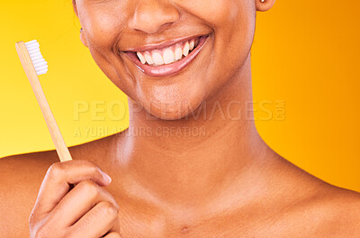 Buy stock photo Woman, smile and closeup for dental, toothbrush and teeth for health, happy and hygiene by studio background. Person, treatment and whitening or clean, oral and brushing teeth for wellness in mouth