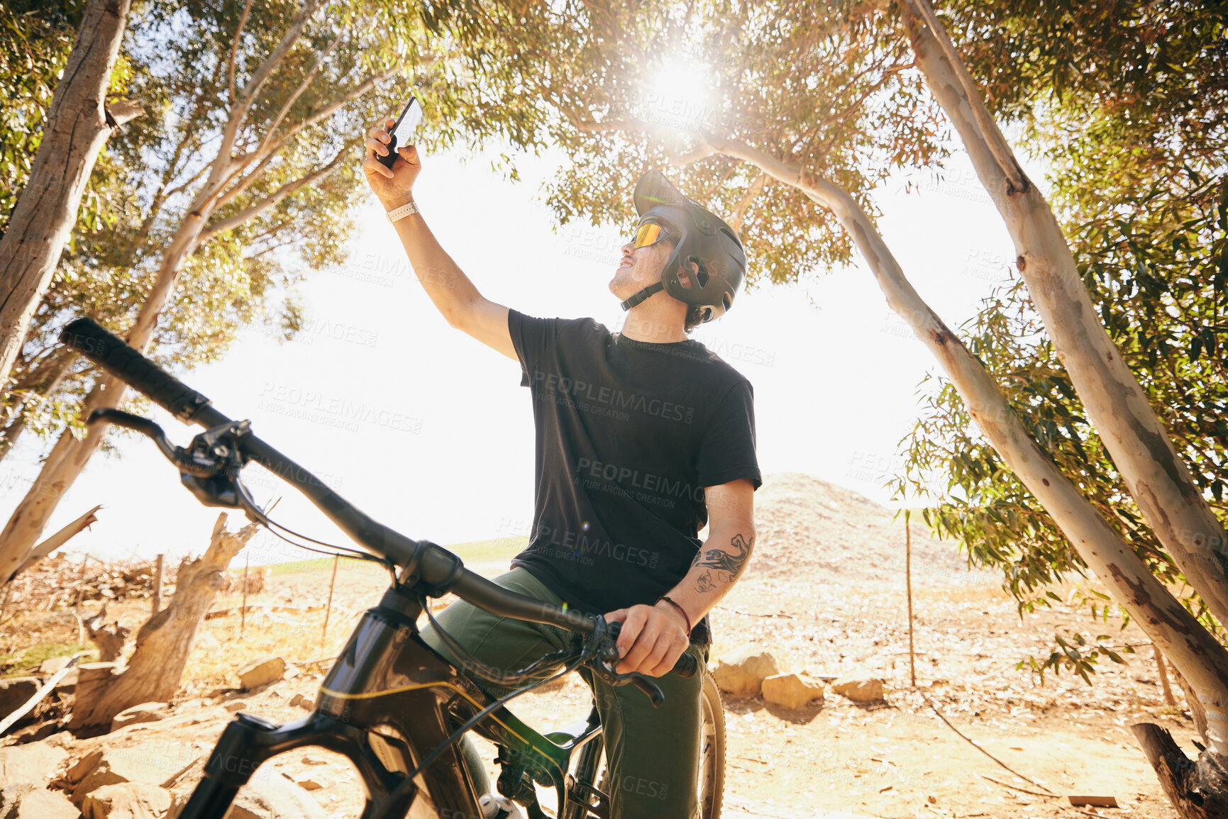 Buy stock photo Bicycle, selfie and man with fitness, outdoor and social media with exercise, post and lens flare. Person, athlete and biker with photography, cycling and workout with influencer, sports or internet
