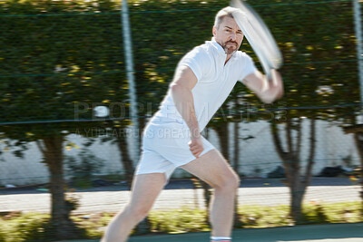 Buy stock photo Tennis, running and game with a sports man on a court, playing a match for competition in summer. Racket, ball and hit with a mature athlete outdoor for fitness, training or hobby for recreation