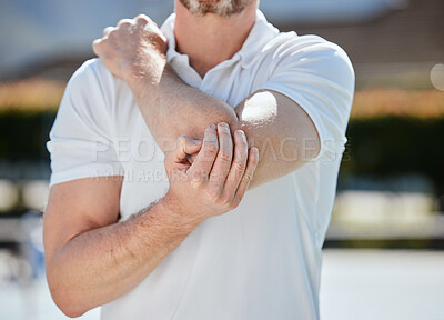 Buy stock photo Elbow, pain and person with injury, fitness and athlete outdoor, medical emergency and joint inflammation. Health, wellness and hands holding arm outdoor, sport accident and anatomy with fibromyalgia