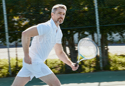 Buy stock photo Senior, fitness and portrait of man at a court for tennis, training or outdoor cardio workout. Sports, face and elderly male athlete with racket game practice, exercise and club performance challenge