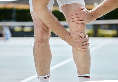 Buy stock photo Knee pain, person with injury and fitness, athlete outdoor with medical emergency and joint inflammation. Health, wellness and hands holding leg outdoor, sport accident and anatomy with fibromyalgia