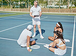 Man, coach and tennis on court in meeting, teamwork or outdoor sports practice together. Group of athlete or sport players listening to mentor, manager or personal trainer for competition or game