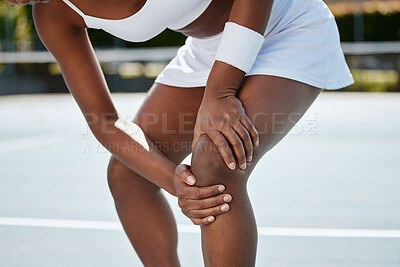 Buy stock photo Sports, tennis court and woman with legs injury, medical crisis or first aid emergency, cardio crisis or knee joint pain. Tired player, athlete or bad workout accident from anatomy training challenge
