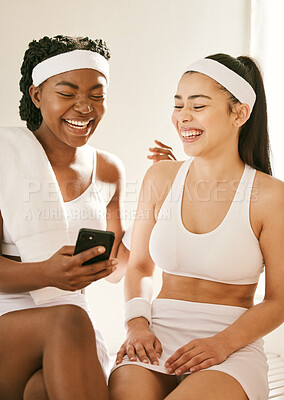 Buy stock photo Tennis, funny and women with a cellphone, typing and funny with connection, social media and meme. People, players and friends with a smartphone, digital app and website info with network and post