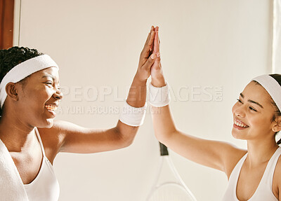 Buy stock photo Tennis, smile and  women with high five, support and celebration with motivation, teamwork or cooperation. Players, winner or friends with hand gesture, fitness or exercise with achievement or health