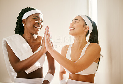 Buy stock photo Locker room, sports and women high five for tennis training, exercise and workout for practice or match. Fitness, friends and happy people with celebration for winning, performance and competition