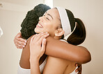 Women, happiness and hug in locker room for training and celebration with fitness, sports and workout. Support, black girl and friend embrace for motivation and smile with performance and lifestyle
