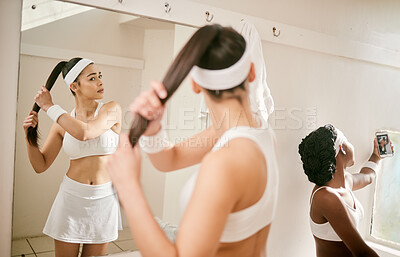 Buy stock photo Tennis, selfie and women in change room of sports club with picture for social media wellness and fitness post. Mirror, training and influencer friends live streaming online together at exercise