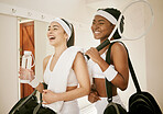 Locker room, sports and women happy for tennis training, exercise and workout for practice or match. Fitness, friends and people with racket, bag and water for wellness, performance and competition