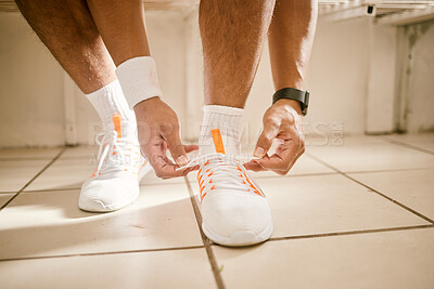 Buy stock photo Locker room, fitness and person tie shoes for training, exercise and workout for practice or match. Sports, gym and closeup of athlete tying laces for performance, wellness and ready for competition