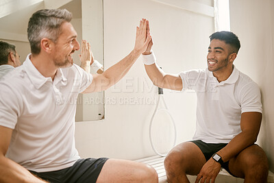 Buy stock photo Locker room, sports and men high five for tennis training, exercise and workout for practice or match. Fitness, friends and happy people with celebration for winning, performance and competition