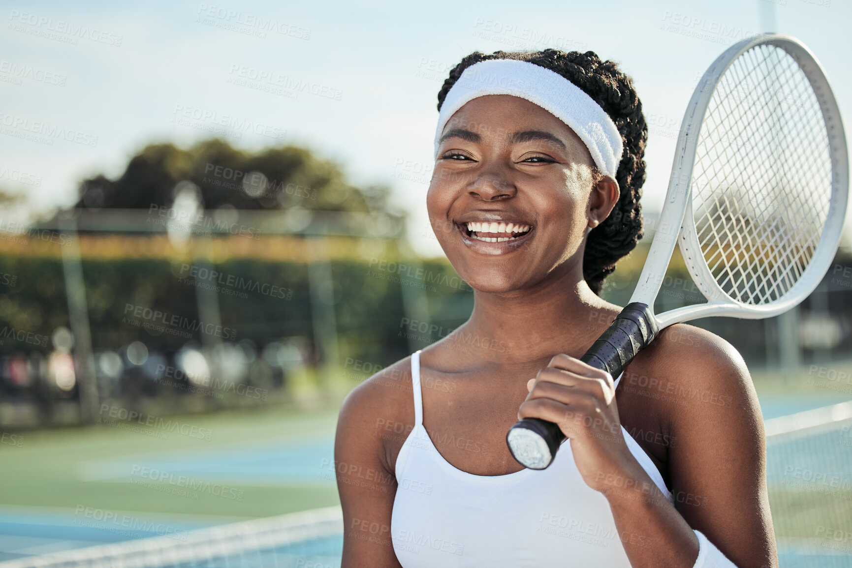 Buy stock photo Happy black woman, tennis and professional on court with racket ready for match, game or outdoor sport. Face of African female person, athlete or sports player smile for fitness, practice or training