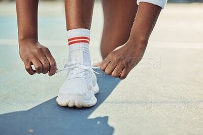 Buy stock photo Hands, tie shoes and start tennis game, person on court with fitness and sports outdoor. Closeup, training and competition with sneakers, health and active professional player with performance 