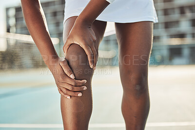 Buy stock photo Woman, knee and athlete with injury, joint pain or hands on leg with emergency, accident or arthritis. Sore, legs and tennis player with sore body, tendinitis or medical crisis outdoor on court