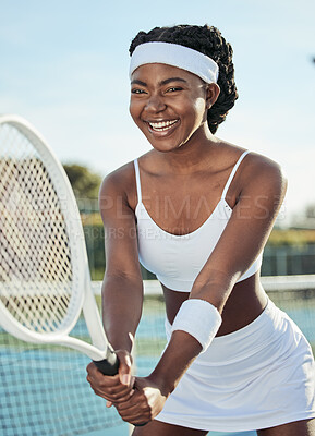 Buy stock photo Fitness, portrait and woman tennis player with a racket practicing to play a match at stadium. Sports, smile and professional African female athlete with equipment training on court for tournament.