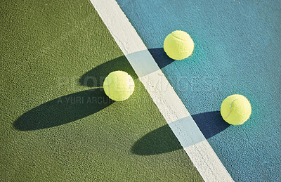 Ball, tennis court and turf for athlete or game for fitness or health as athlete or workout, match or serve. Sports, outdoor and field for energy or cardio in summer for exercise or tournament in sun