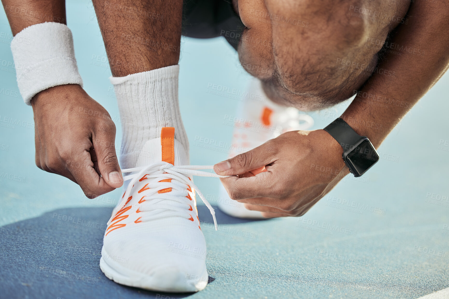 Buy stock photo Hands, shoelace and start tennis game, person on court with fitness and sports outdoor. Closeup, training and competition with sneakers, health and active professional player with performance 