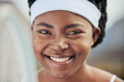 Buy stock photo Fitness, happy and portrait of woman tennis player with a racket practicing to play a match at stadium. Sports, smile and young African female athlete with equipment training on court for tournament.