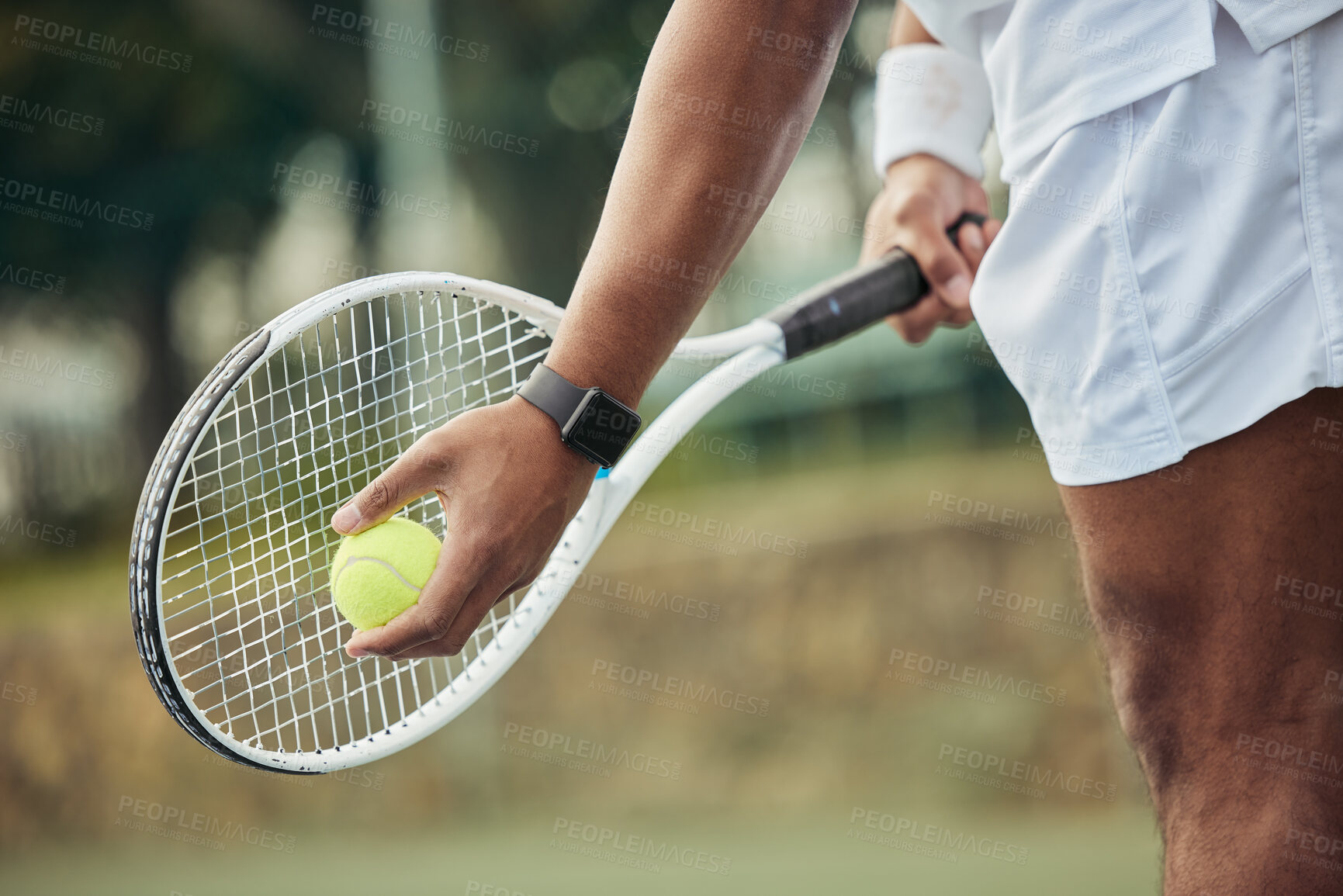 Buy stock photo Hands of man, ball and racket for tennis, training and workout for healthy body, wellness and practice action. Sports, match and athlete ready to serve for exercise in competition, game or fitness