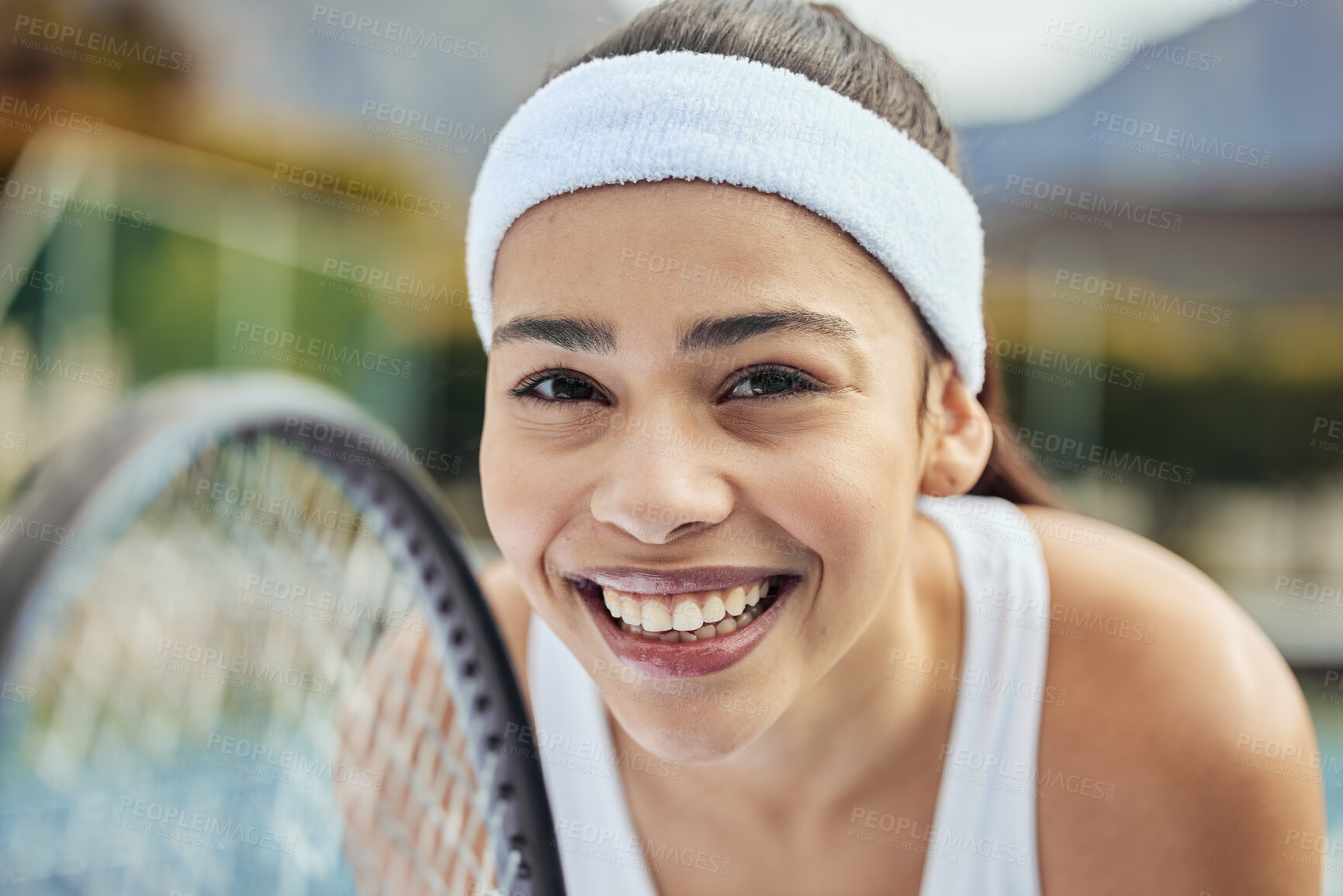 Buy stock photo Badminton, portrait and woman tennis player with a racket practicing to play a match at stadium. Fitness, sports and professional female athlete with equipment for training on court for tournament.