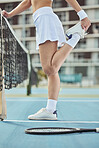 Court, woman and stretching before tennis game for fitness, exercise and workout outdoor in Cape Town. Flexibility, person and leg training for sport competition, challenge and wellness for body