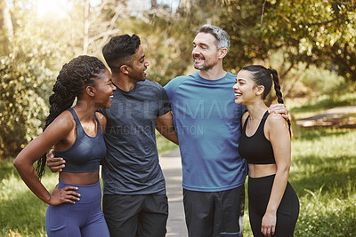 Buy stock photo Fitness club, team and people in nature park, athlete group with support for sports and health. Exercise friends, diversity and healthy with challenge, training together with workout and trust