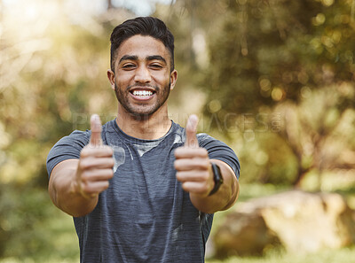 Buy stock photo Happy man, portrait and thumbs up in nature for fitness, training or outdoor workout achievement. Male person, athlete or runner smile with like emoji, yes sign or OK in success, exercise or good job
