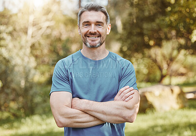 Buy stock photo Senior, fitness and portrait of man with arms crossed in a park happy with workout, running or results. Exercise, face and elderly male runner smile in forest for training, workout or body challenge