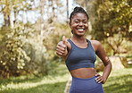 Black woman, portrait and thumbs up in nature for fitness, training or outdoor workout achievement. Happy African female athlete or runner smile with like emoji, yes sign or OK in success or exercise