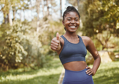Buy stock photo Black woman, portrait and thumbs up in nature for fitness, training or outdoor workout achievement. Happy African female athlete or runner smile with like emoji, yes sign or OK in success or exercise
