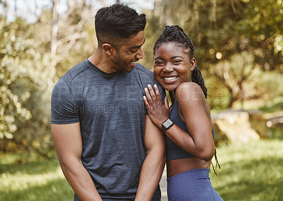 Buy stock photo Fitness, park and portrait of couple hug outdoors for exercise, training and running for cardio workout. Dating, happy and interracial man and woman smile for wellness, health and sports in nature